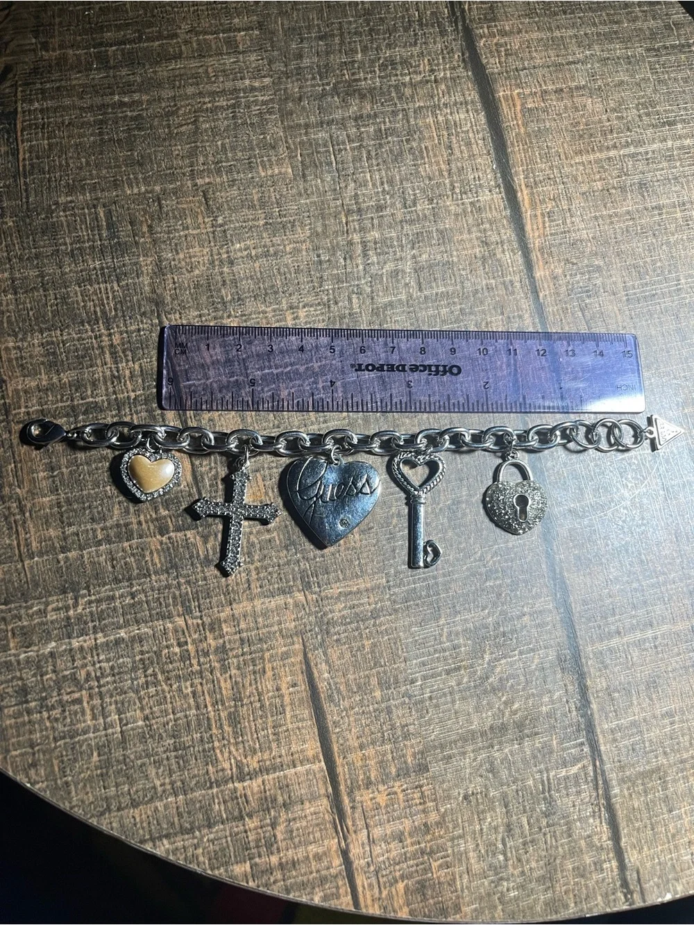 Guess Silver-Tone Charm Bracelet with Heart, Key & Cross Accents